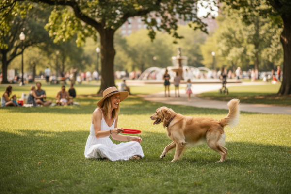 woman playing with her dog in a park